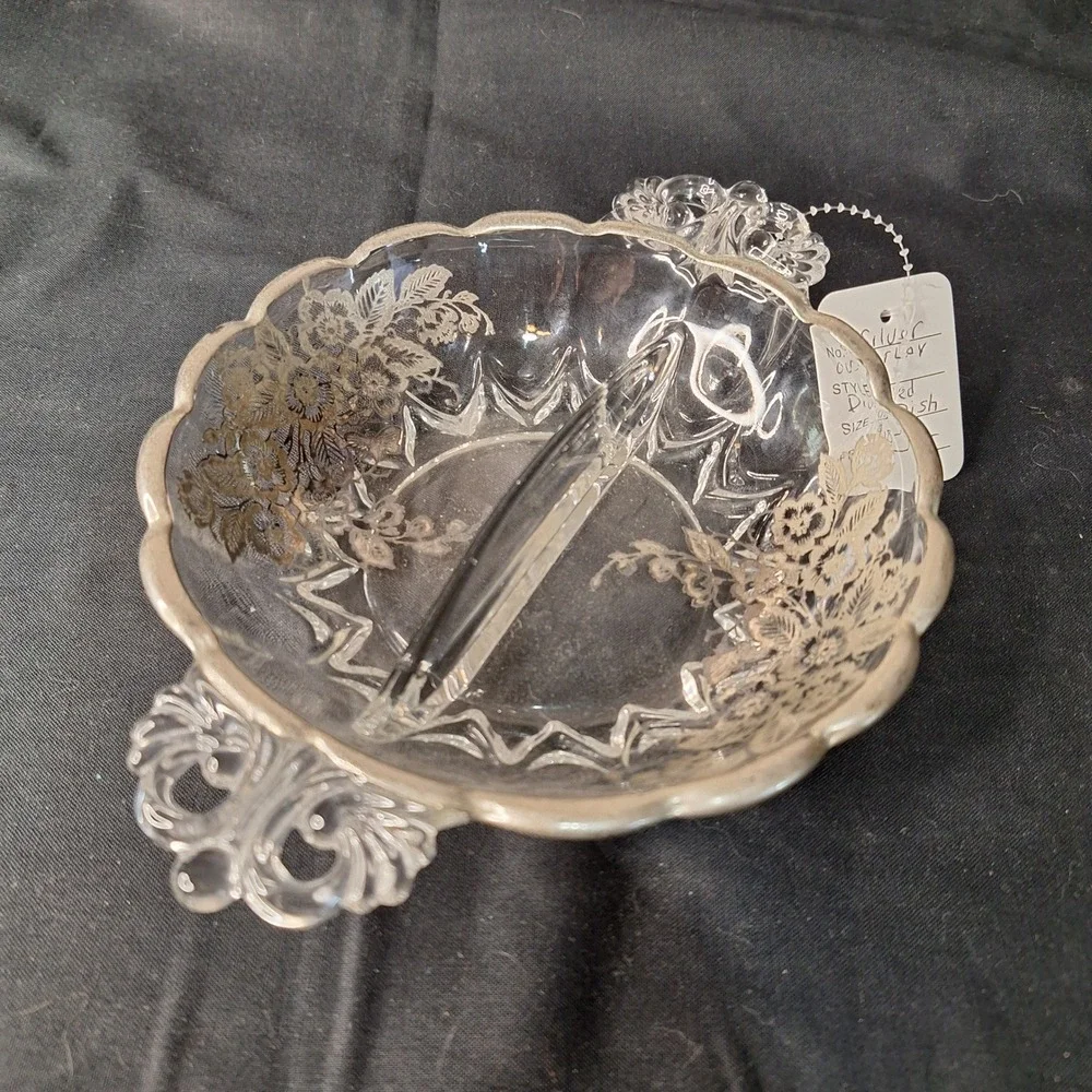 Vintage Silver Overlay Divided‎ Relish Dish Floral Scalloped Candy Bowl 8